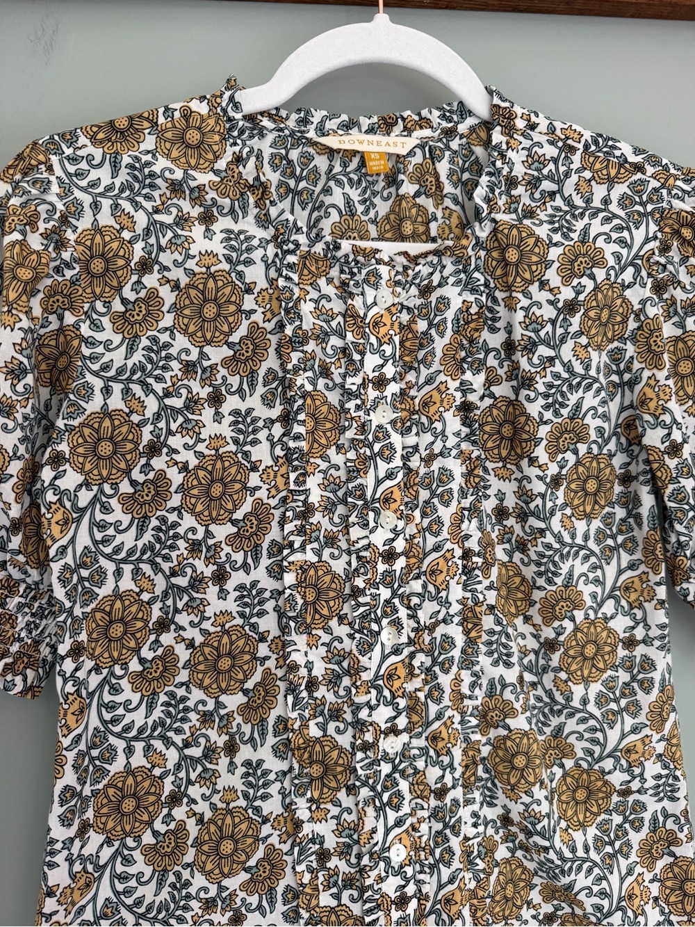 Downeast Boho Floral Print Puff Short Sleeve Button Down Blouse Top Cottagecore - Picture 4 of 12